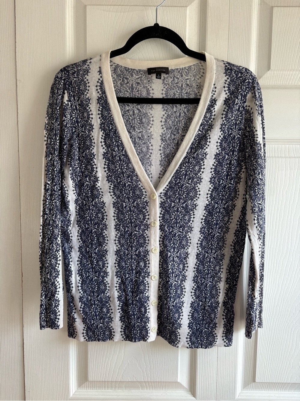 The Limited White Blue Floral Linen Blend Cardigan Academia Career Teacher S